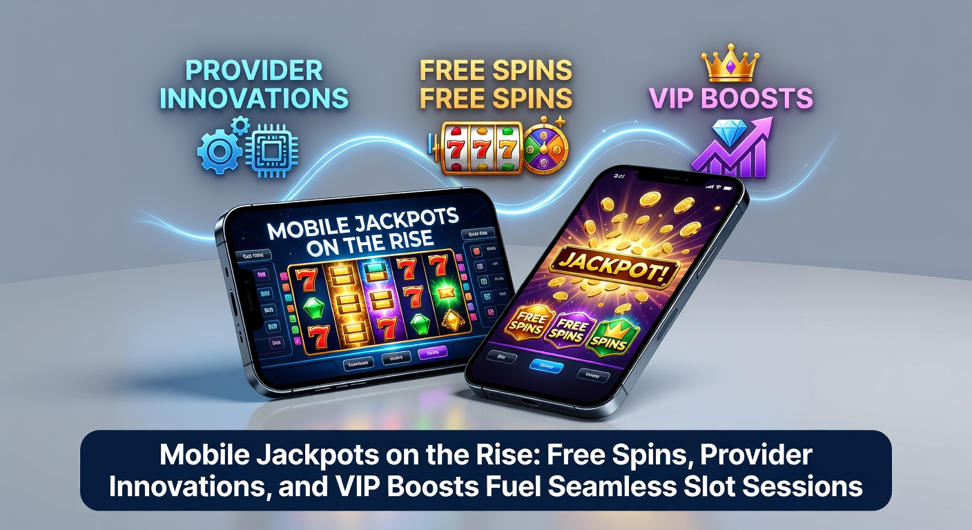 Smartphone met draaiende gokkast jackpot en mobiele interface vol free spins en VIP-badges